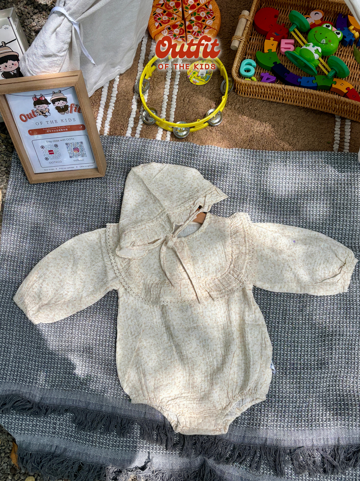 Oatmeal Clover Bonnet Romper