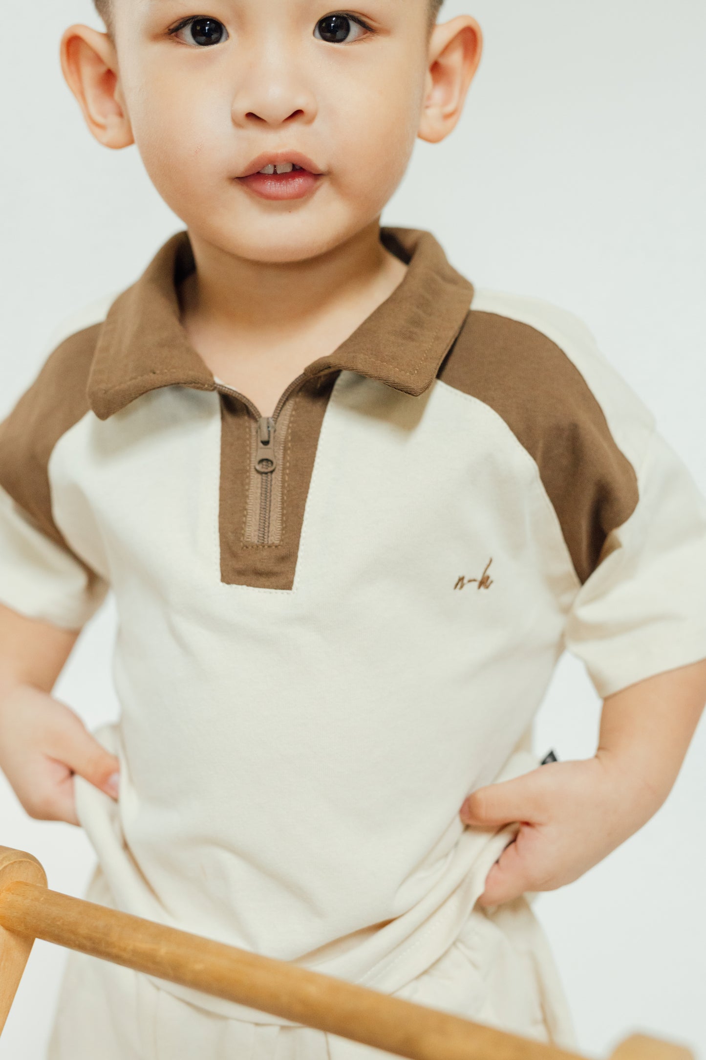 Beige Brown Zip Polo Set