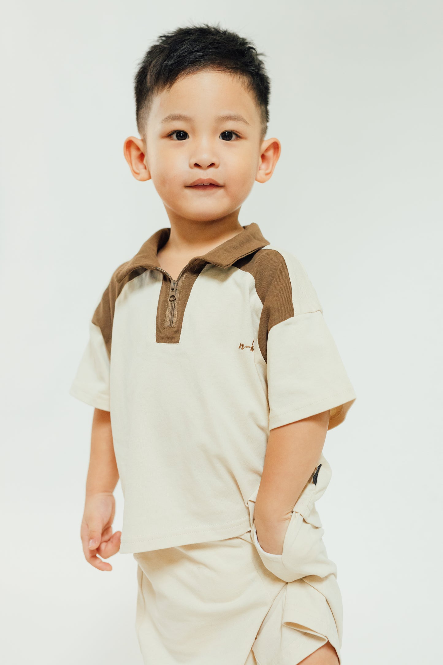 Beige Brown Zip Polo Set