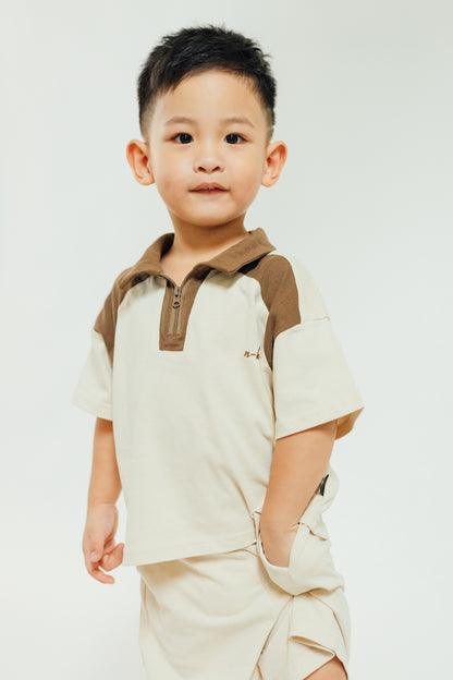 Beige Brown Zip Polo Set