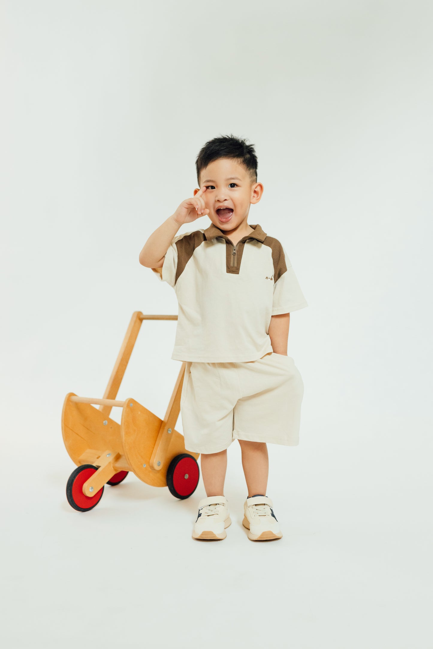Beige Brown Zip Polo Set