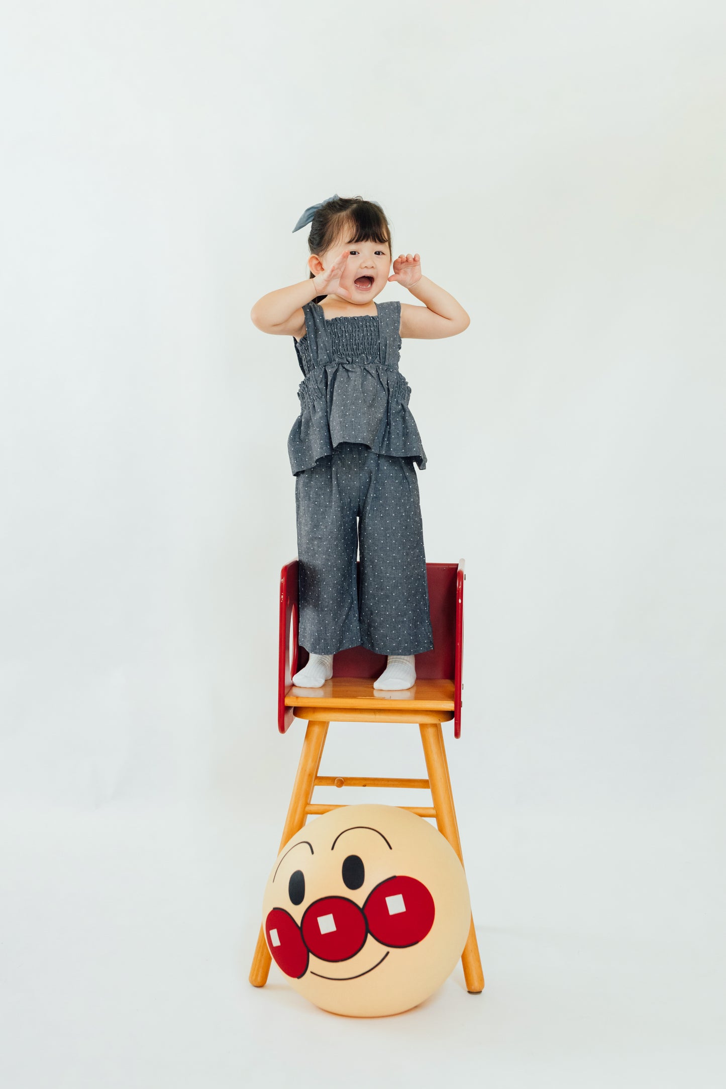 Smocked Polka Dot Denim Set