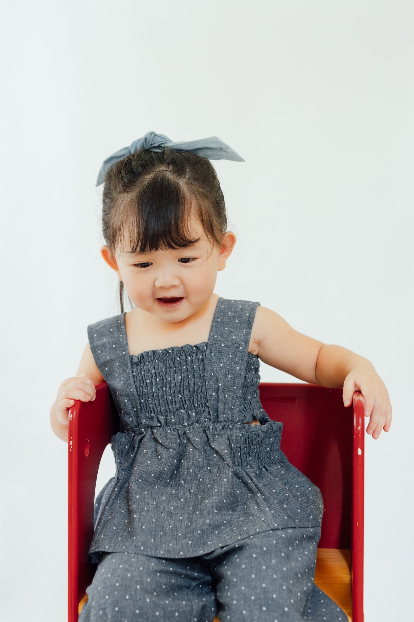 Smocked Polka Dot Denim Set