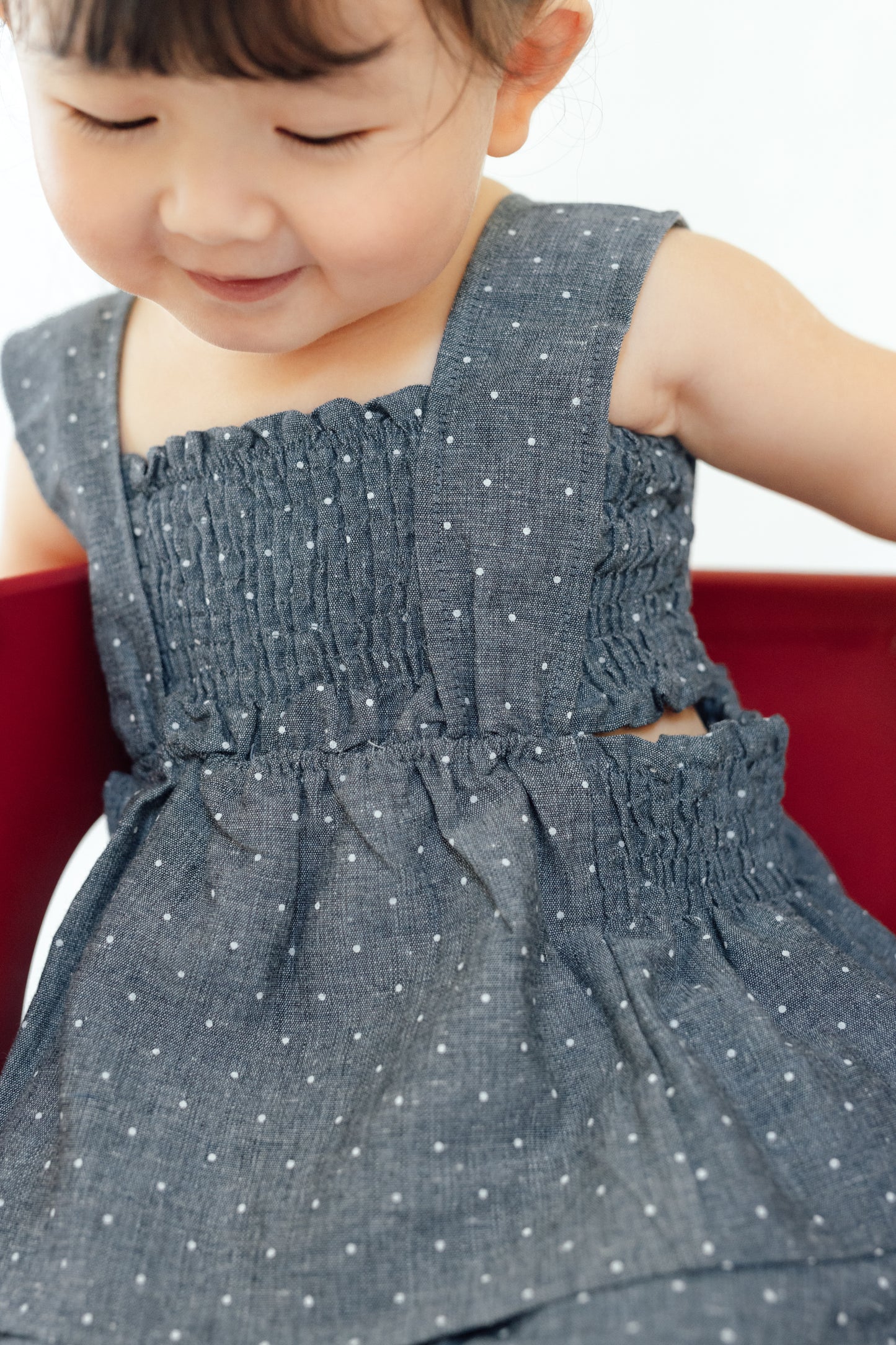 Smocked Polka Dot Denim Set