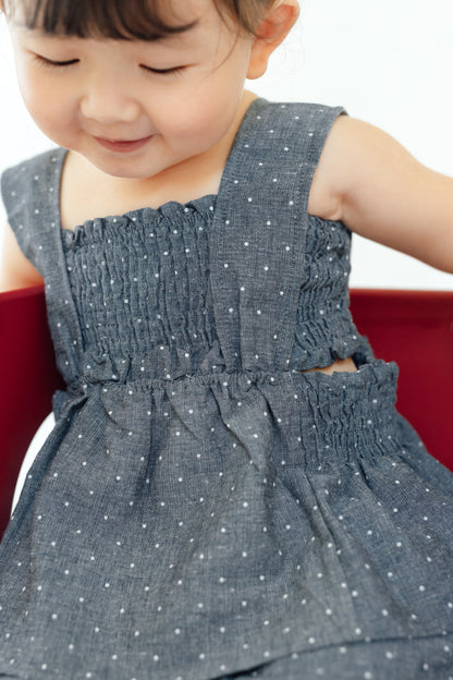 Smocked Polka Dot Denim Set